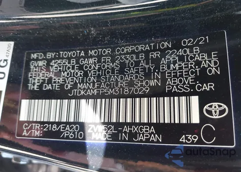 2021 Toyota Prius Prime Limited from USA, damaged, VIN JTDKAMFP5M3187029